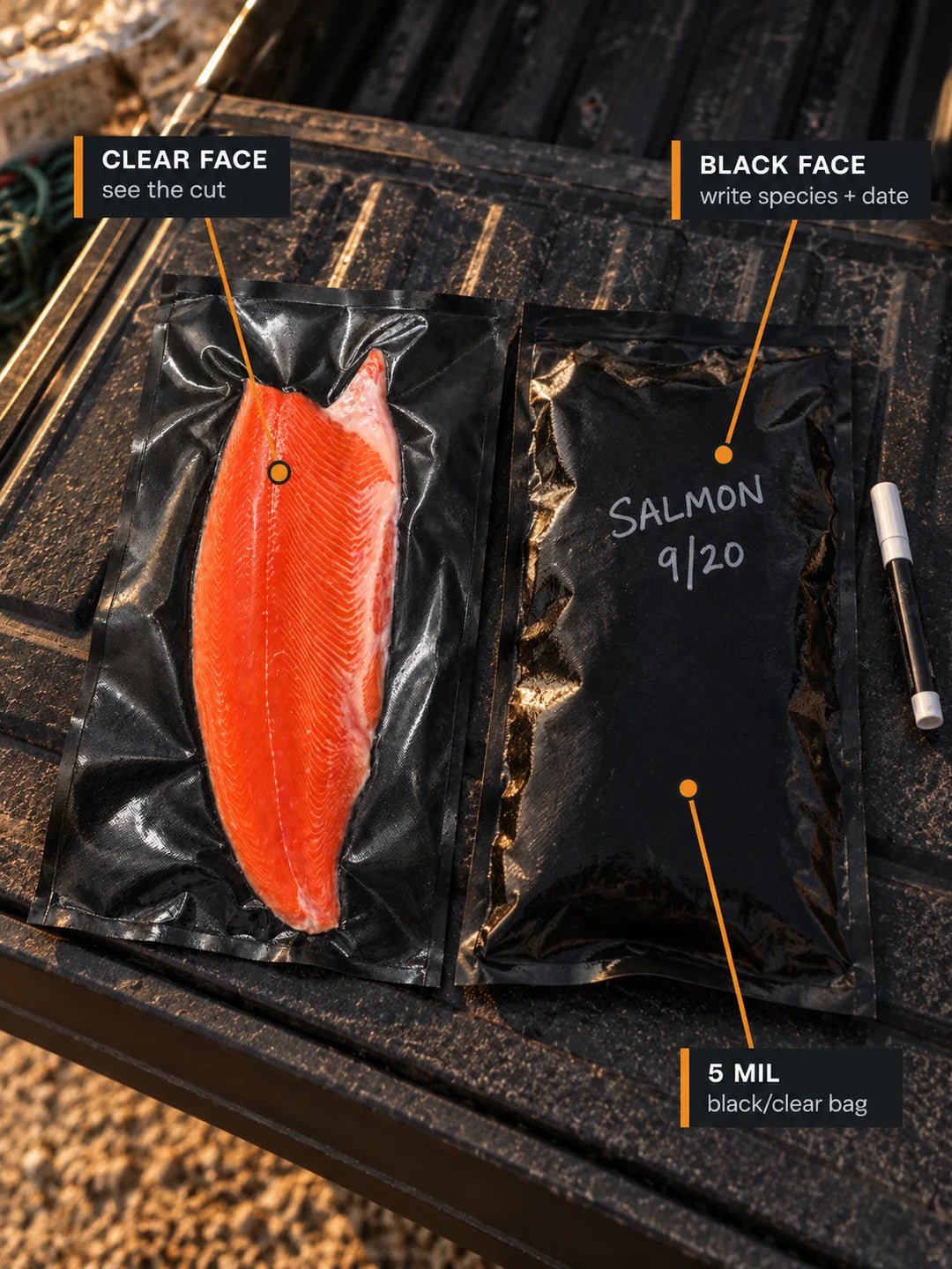 Symbys 5 mil black and clear vacuum seal bag with a salmon fillet, and a second bag labelled by hand