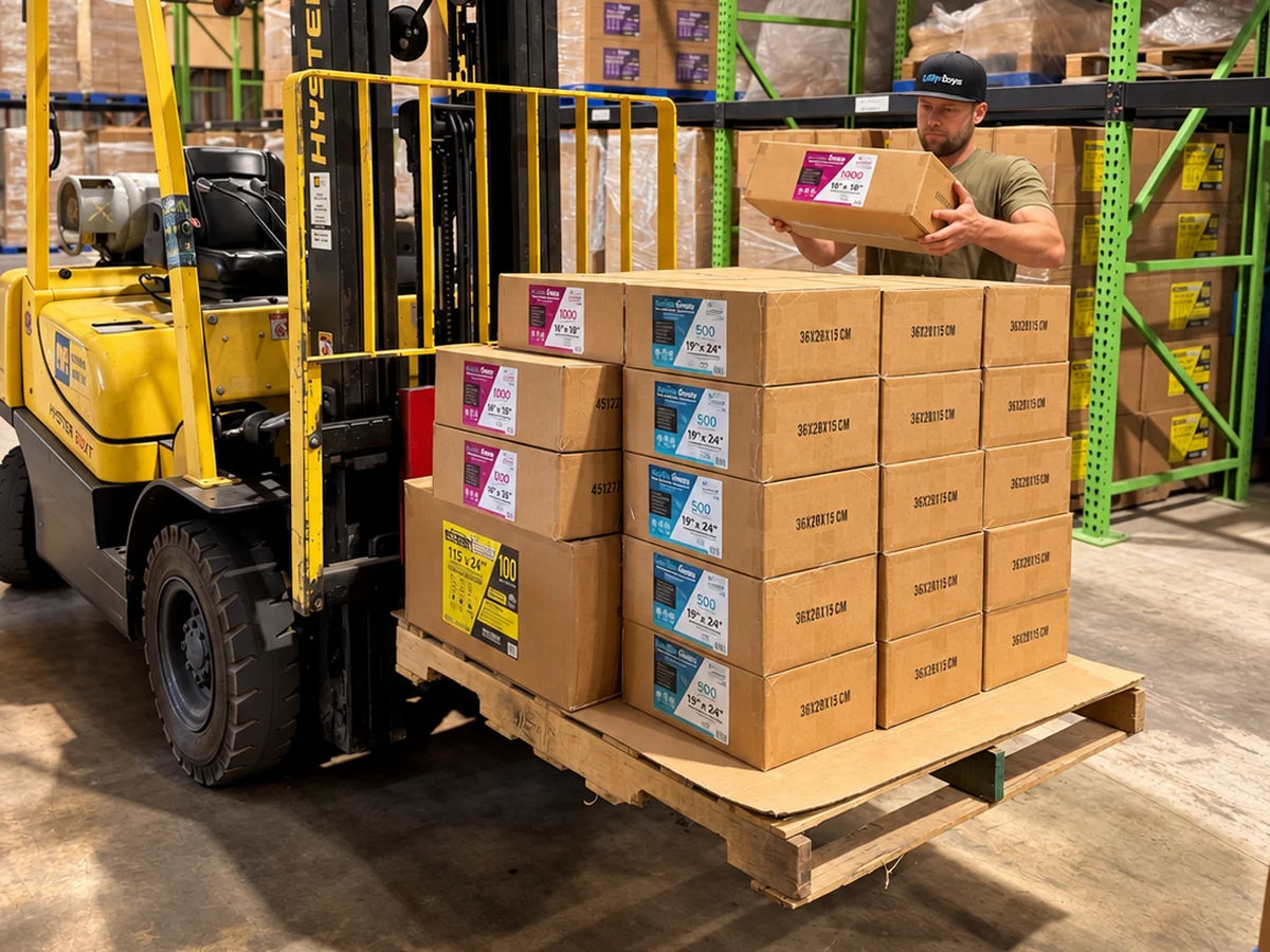 Symbys warehouse, a pallet of vacuum seal bag cases being loaded